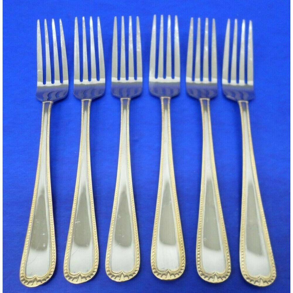 6 - Towle Living TWS523 Glossy Gold Beaded Edge Stainless Flatware DINNER FORKS